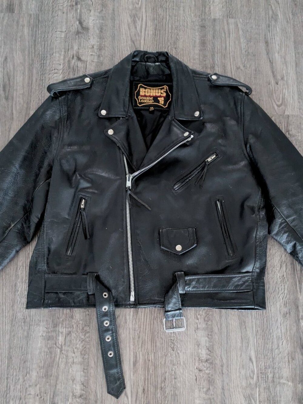 Vintage Bonus Heavy Genuine Leather Biker Riding Jacket - Mens Sz 48 Heavy Black